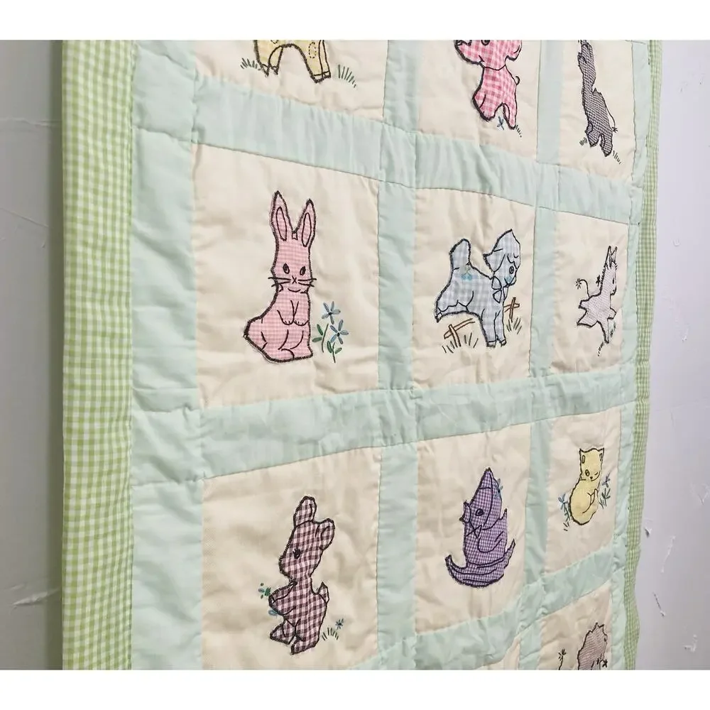 Vintage Hand Embroidered Applique Baby Quilt Blanket Wall Hanging Kitty Cat Lamb